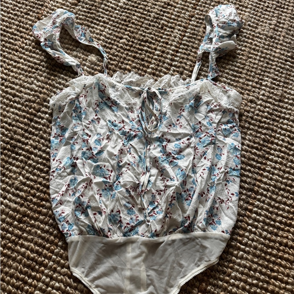 Free People Floral Lace Bodysuit - White and Blue